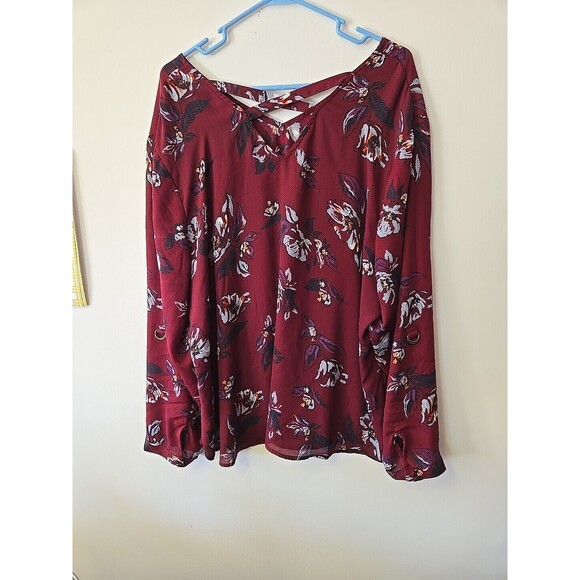 Floral Print Blouse V Neck Long Sleeve Criss Cross Back Burgundy Top Size 3 Plus - Picture 4 of 8